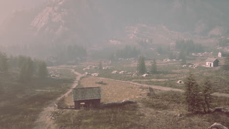 old wooden village on the rocky mountain background