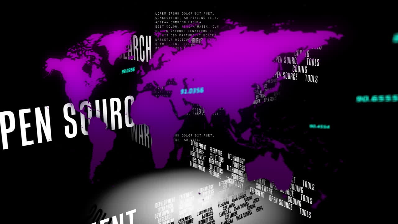 Animation of purple world map and business terms, and data processing on black