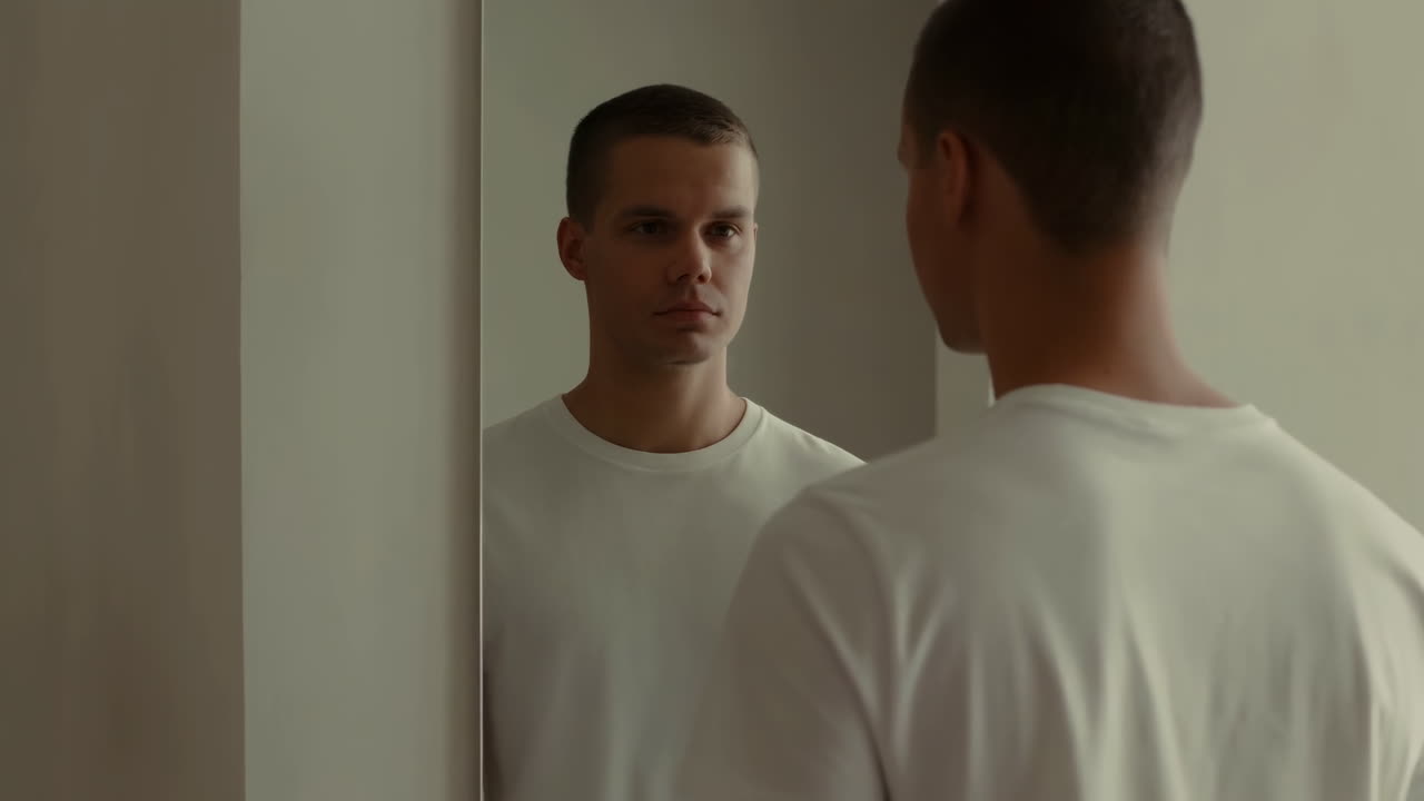 Giovane uomo bianco di fronte allo specchio, silenziosa introspezione in una stanza buia e minimalista, semplice camicia bianca, capelli corti.