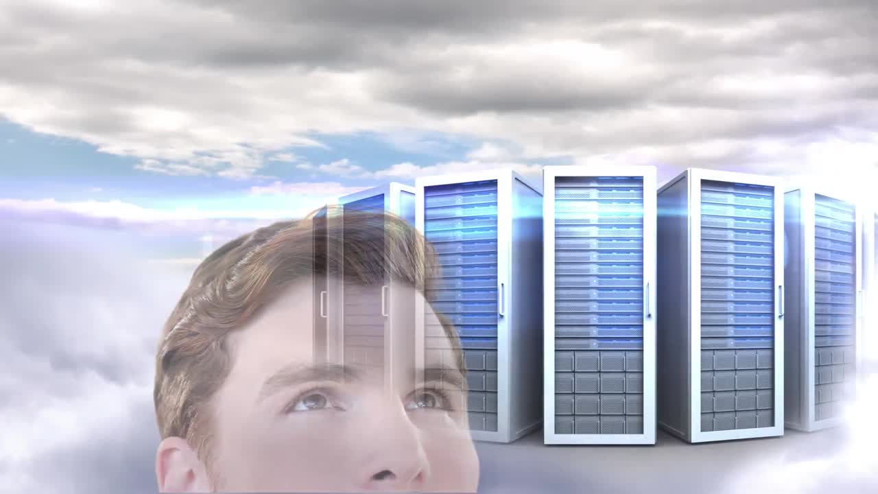 animación de hombres de negocios y servidores de computadora