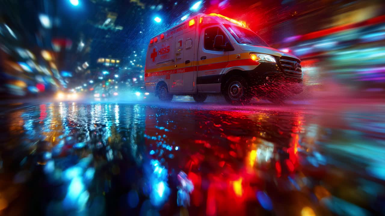 Emergency Response Vehicle in Action: A Dramatic Night Scene Featuring an Ambulance Navigating Through Rain-Slicked Streets Illuminated by Vibrant City Lights and Surrounding Mist