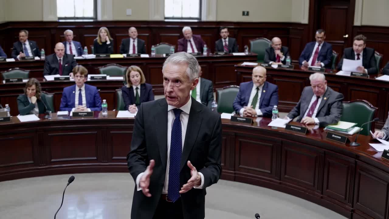 A courtroom video scene with a mid-angle view, capturing a lawyer speaking passionately to a jury