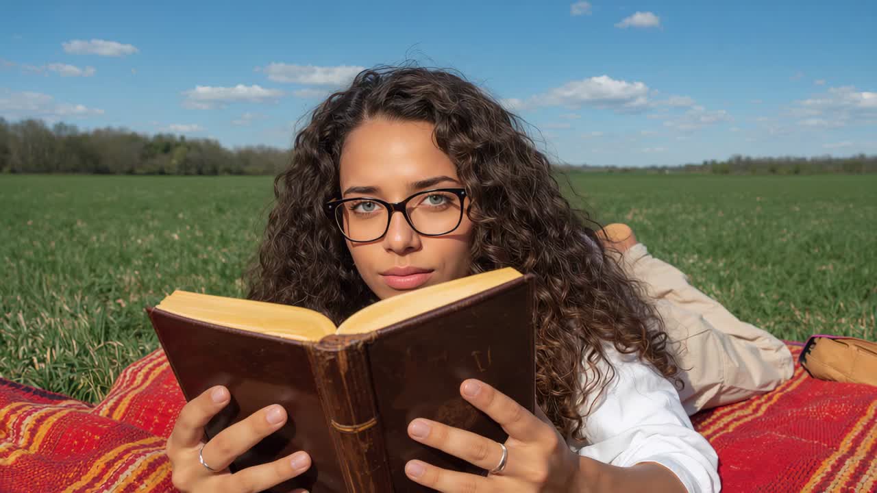 Frau hält ein Buch, unterbricht das Lesen, bemerkt etwas über sich und richtet ihren Blick nach oben auf ein Feld