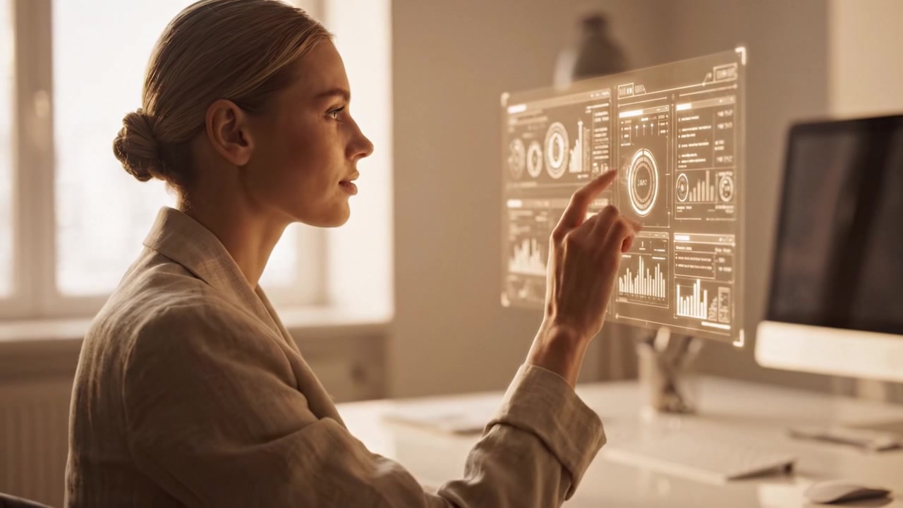 A focused professional woman interacts with advanced digital interface technology, analyzing detailed data and metrics in a modern office environment.