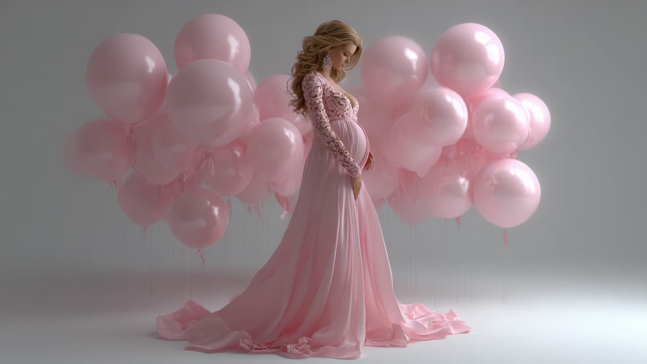 A Beautiful Expecting Mother Surrounded by Delicate Pink Balloons, Capturing the Essence of Joy and Anticipation in a Dreamy Photoshoot