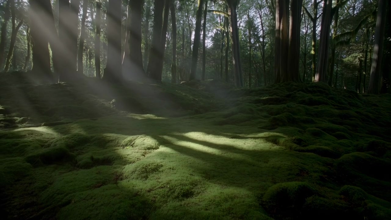 Suolo della foresta muschioso illuminato dal sole con raggi di luce che penetrano la volta, nebbia leggera che si muove tra alberi alti, denso