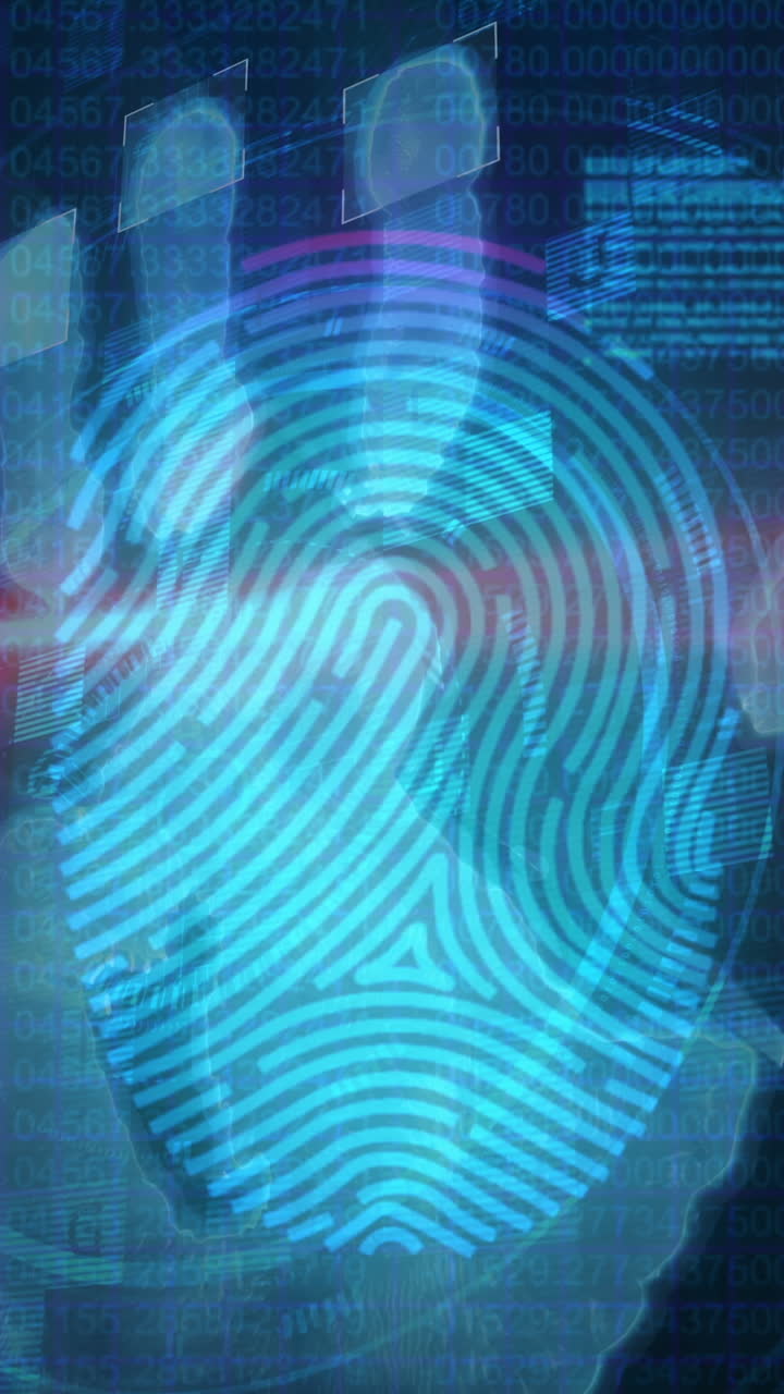 escaneo de mano humana sobre escáner biométrico de huellas dactilares contra el procesamiento de datos en fondo azul