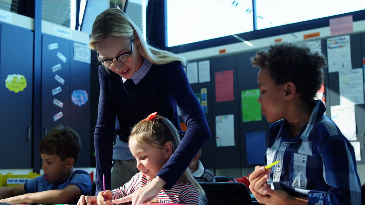 Animation of school telescope and icon over female teacher and school children at school