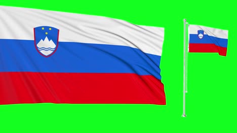 green screen hiper realistic of slovenia two flags waving in the wind slovenian flagpole fluttering with highly detailed fabric texture animation 4k 3d chroma key