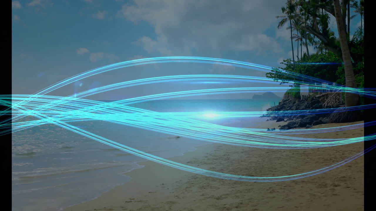 Blue light trails animation over tropical beach with palm trees and ocean