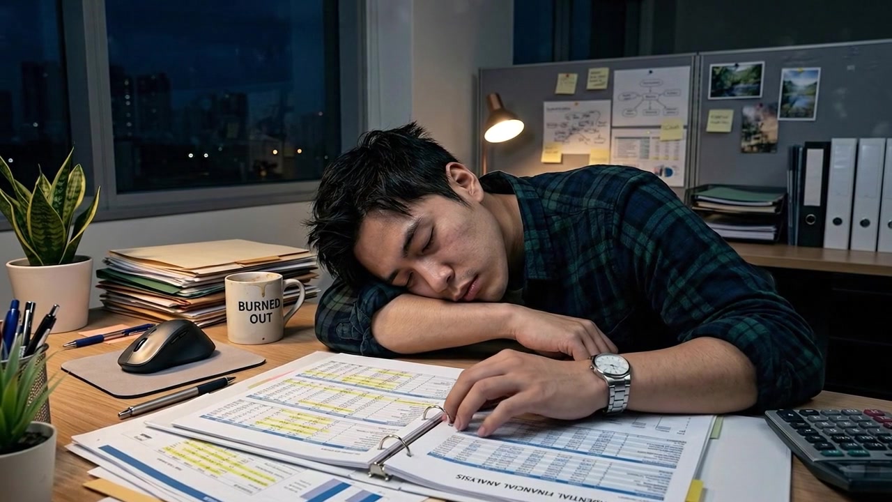 Professionista che riposa alla scrivania in un ambiente d'ufficio durante una sessione di lavoro notturna