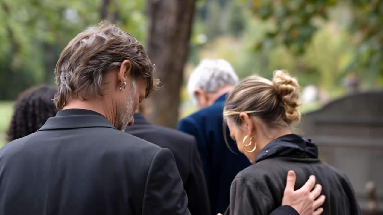 Un gruppo di persone vestite di nero cammina solennemente attraverso un'area boschiva. I partecipanti al lutto sono di spalle, con le teste chine, mostrando un dolore silenzioso. Sfondo naturale, alberi verdi, luce soffusa, atmosfera tranquilla.