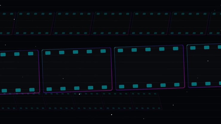 Grafica animata astratta di pellicole cinematografiche in movimento su sfondo scuro