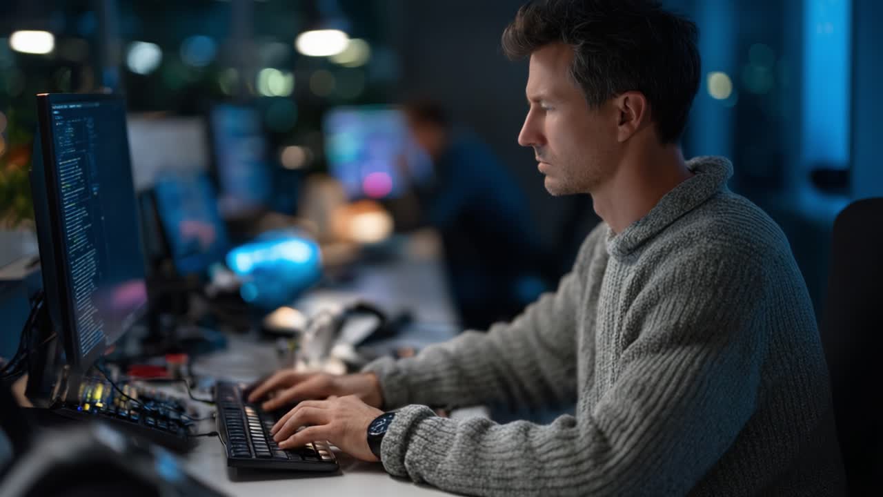 A Focused Individual Analyzing Data on Dual Monitors in a Modern Office Environment, Highlighting the Intensity of Tech Work and Late-Night Programming Sessions