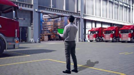 full body back view of an asian male professional worker standing with green screen tablet, outside of logistics distributions warehouse, industrial facility