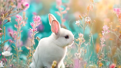 a white rabbit sitting in a field of flowers