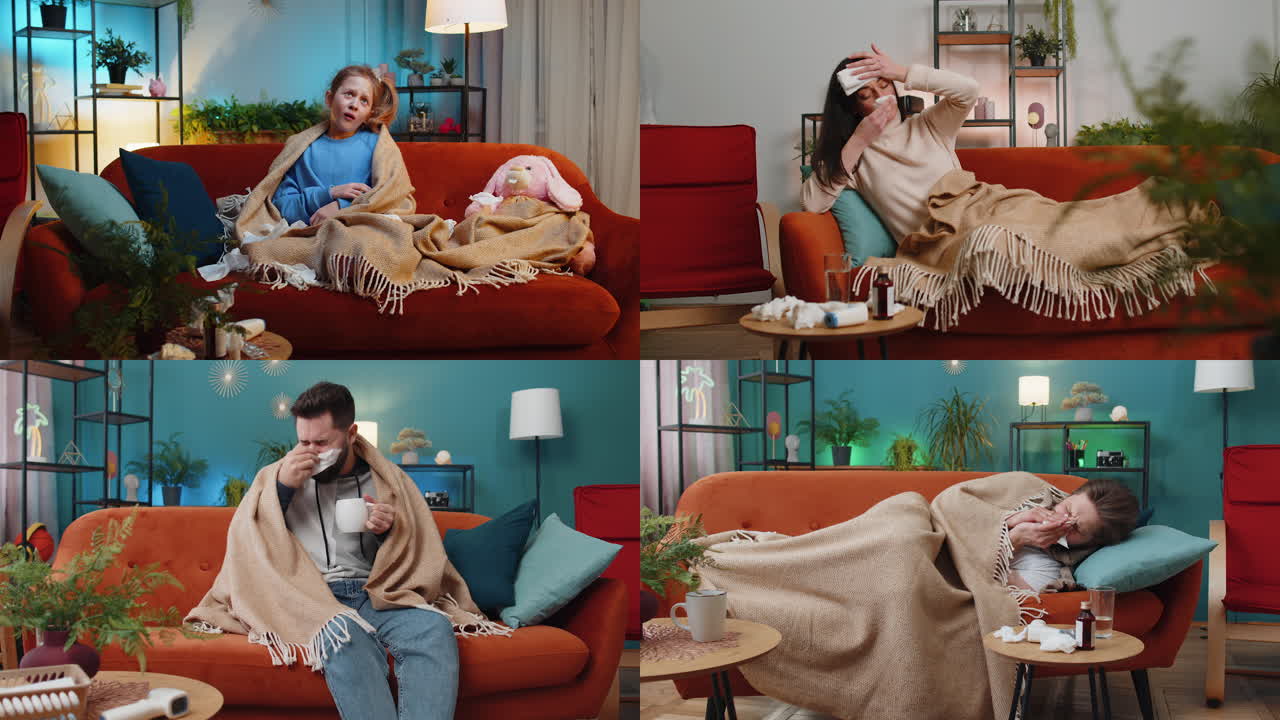Collage of ill sick men woman child suffering from cold sneezes wipes snot into napkin at home