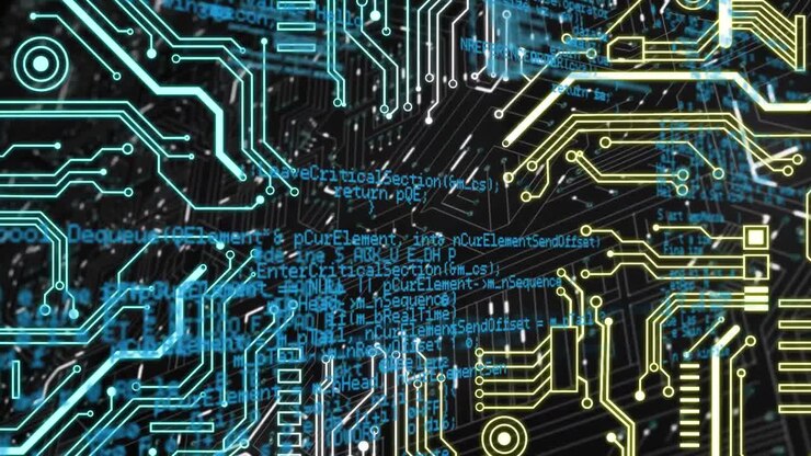Animazione di circuito integrato ed elaborazione dati su sfondo nero