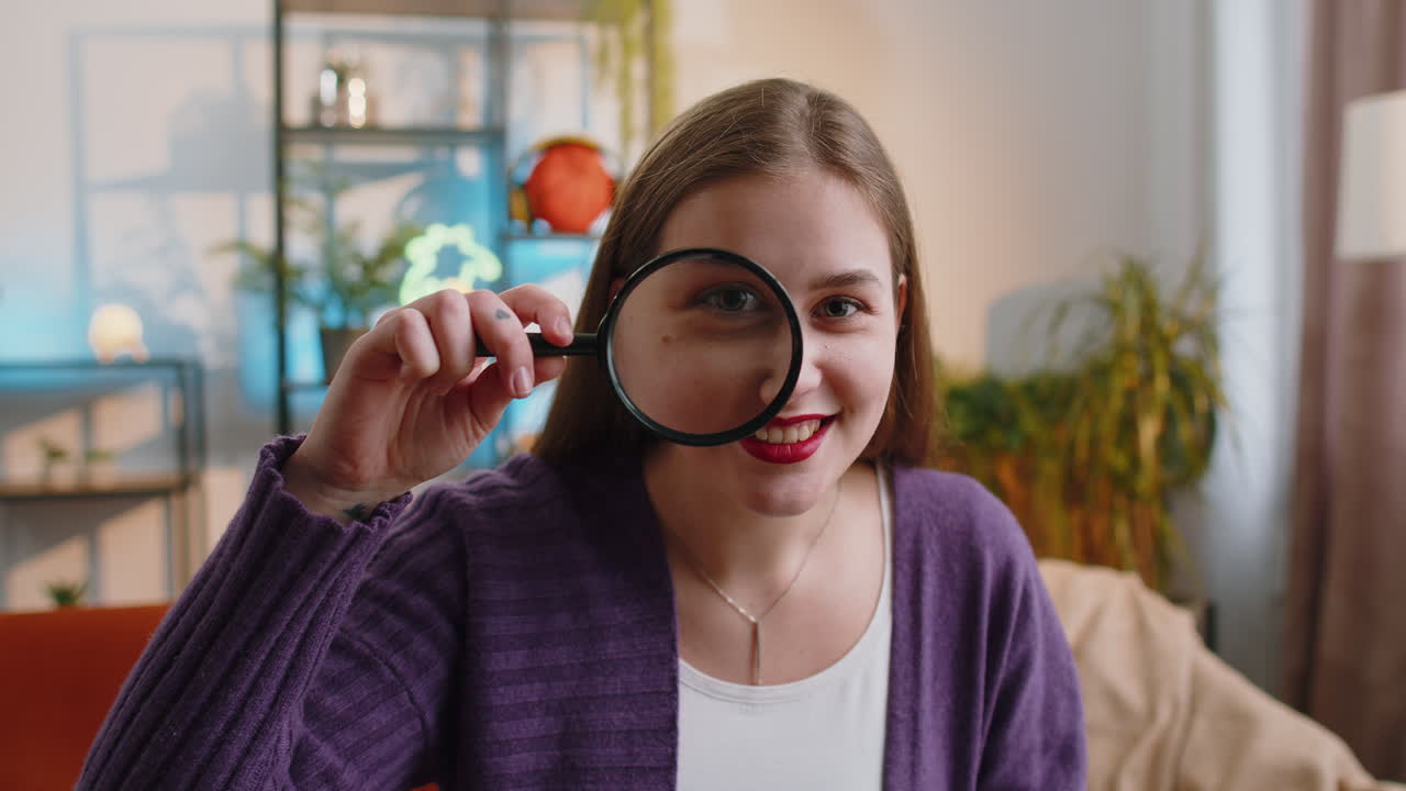 Woman hold magnifying glass near face looking into camera with big zoomed eye searching analysing