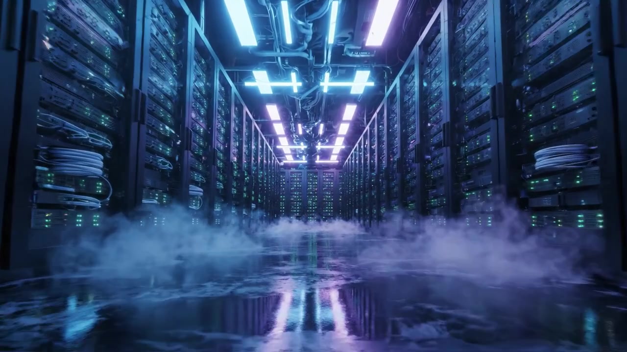 En fængslende udsigt over et højteknologisk datacenter med pulserende neonlys, dataservere og tåge, der skaber en atmosfærisk effekt i et moderne computermiljø.