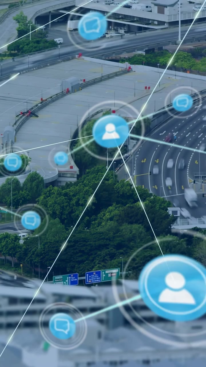 Video verticale: Piccoli punti blu che appaiono, HUD dell'avatar in espansione, collegamenti sull'autostrada, che mostrano la rete.