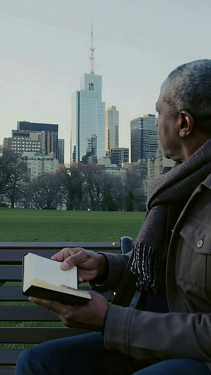 Vertical video: Senior turning page on park bench, glancing at skyline to reflect, scarf