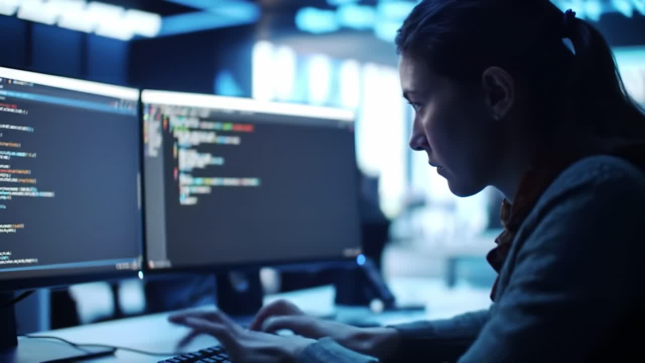 Female Programmer Working Late at Night