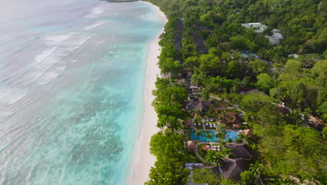 Aerial-drone-view-of-travel-destination-exotic-beach-resort-in-the-Seychelles-Islands