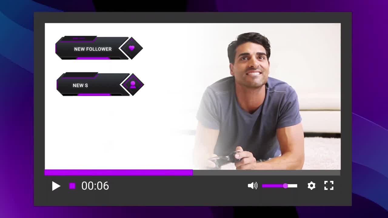 animación de la pantalla de las redes sociales sobre un hombre caucásico jugando videojuegos