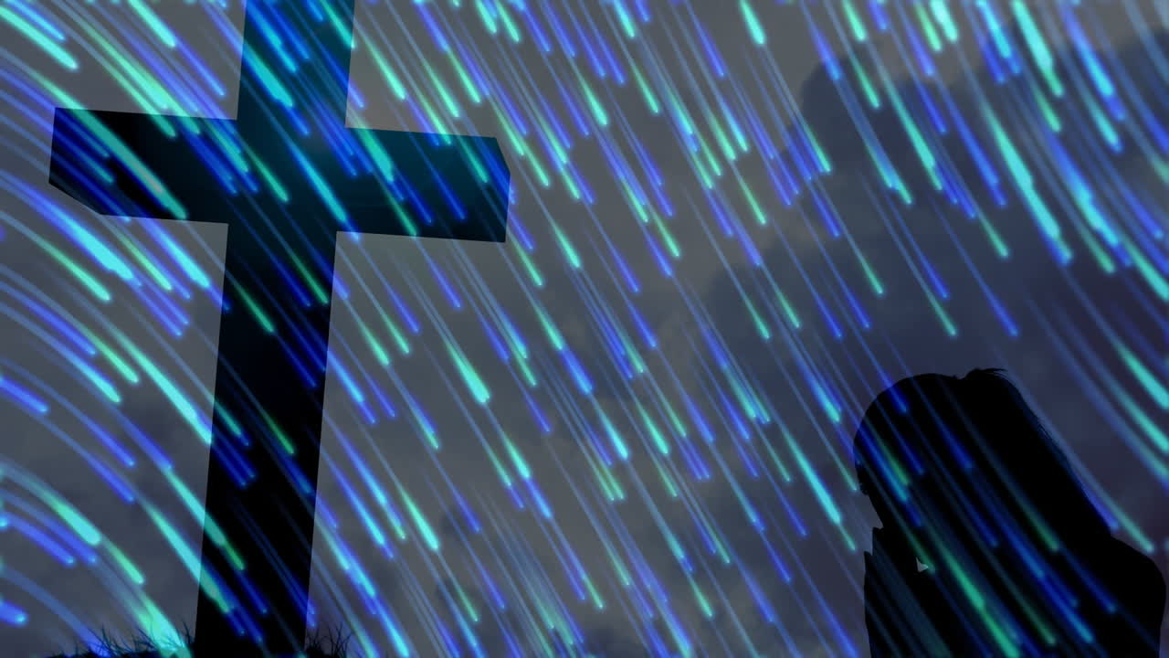 Person with cross silhouette and blue light streaks creating animation effect