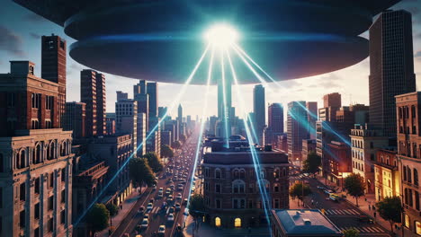 ovni sobre una ciudad al amanecer