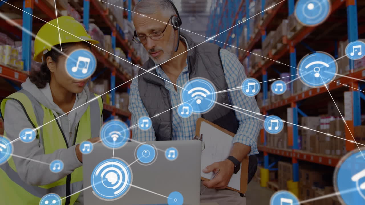 animación de la red de conexiones con iconos sobre diversas personas que trabajan en el almacén
