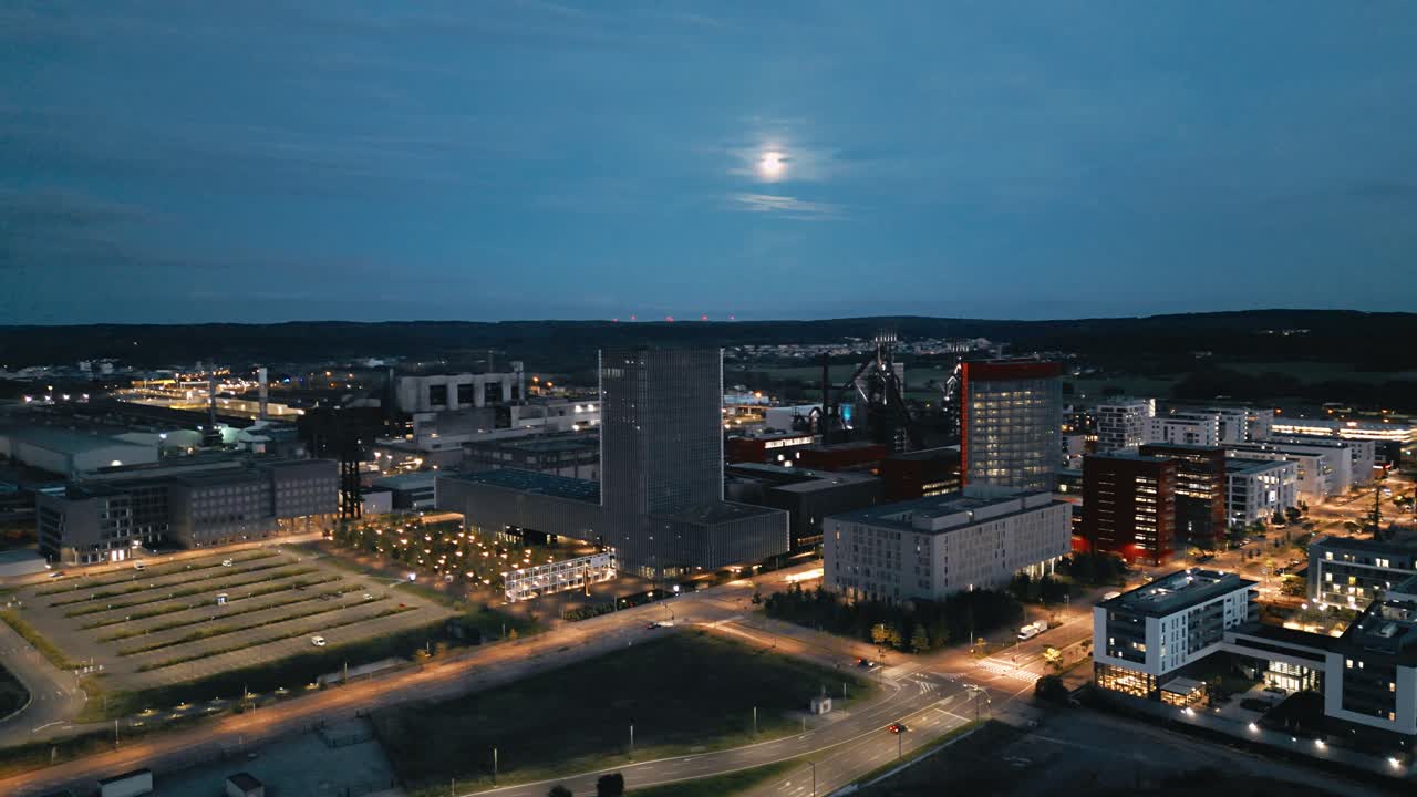 Drone footage of Belval in Luxembourg at night