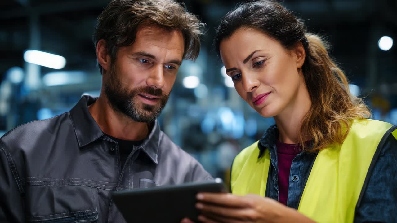 A focused collaboration between two professionals showcases their effort in navigating through a digital interface, highlighting teamwork, communication, and technological engagement in a modern work environment