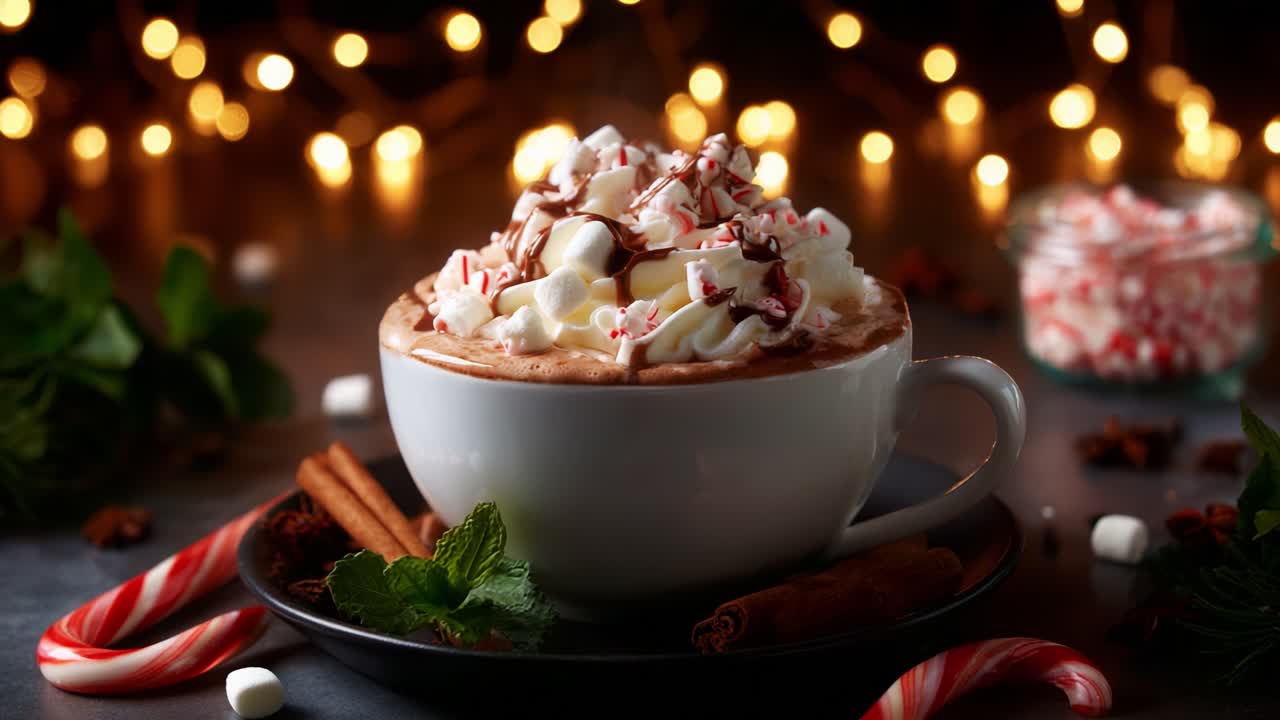 Indulgent Hot Chocolate with Cream and Peppermint Garnish Surrounded by Festive Decorations, Perfect for Cozy Winter Evenings, Bringing Warmth and Holiday Cheer to Any Gathering