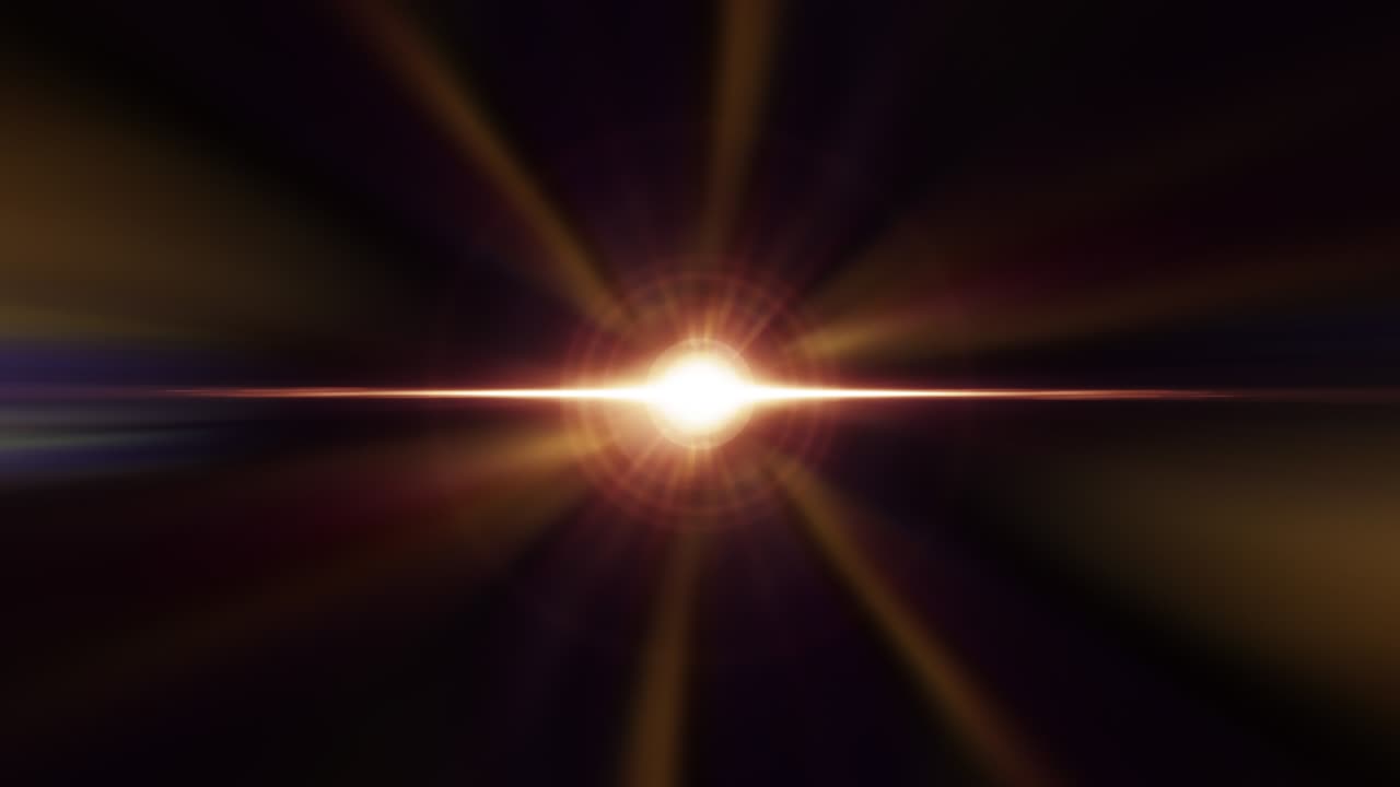 abstract parpadeante oro centro llamarada de luz de fondo con efecto de haz de chispas bucle. animación de bucle 4k 3d luz dorada lente llamarada con brillo giratorio llamarada de chispas luz flash movimiento de bucle de brillo.