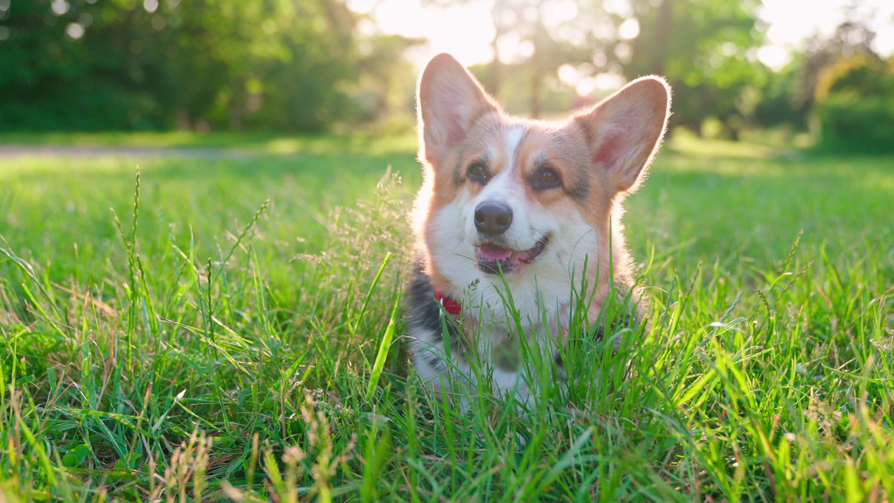 Adorable perro Corgi tumbado en la hierba verde soleada