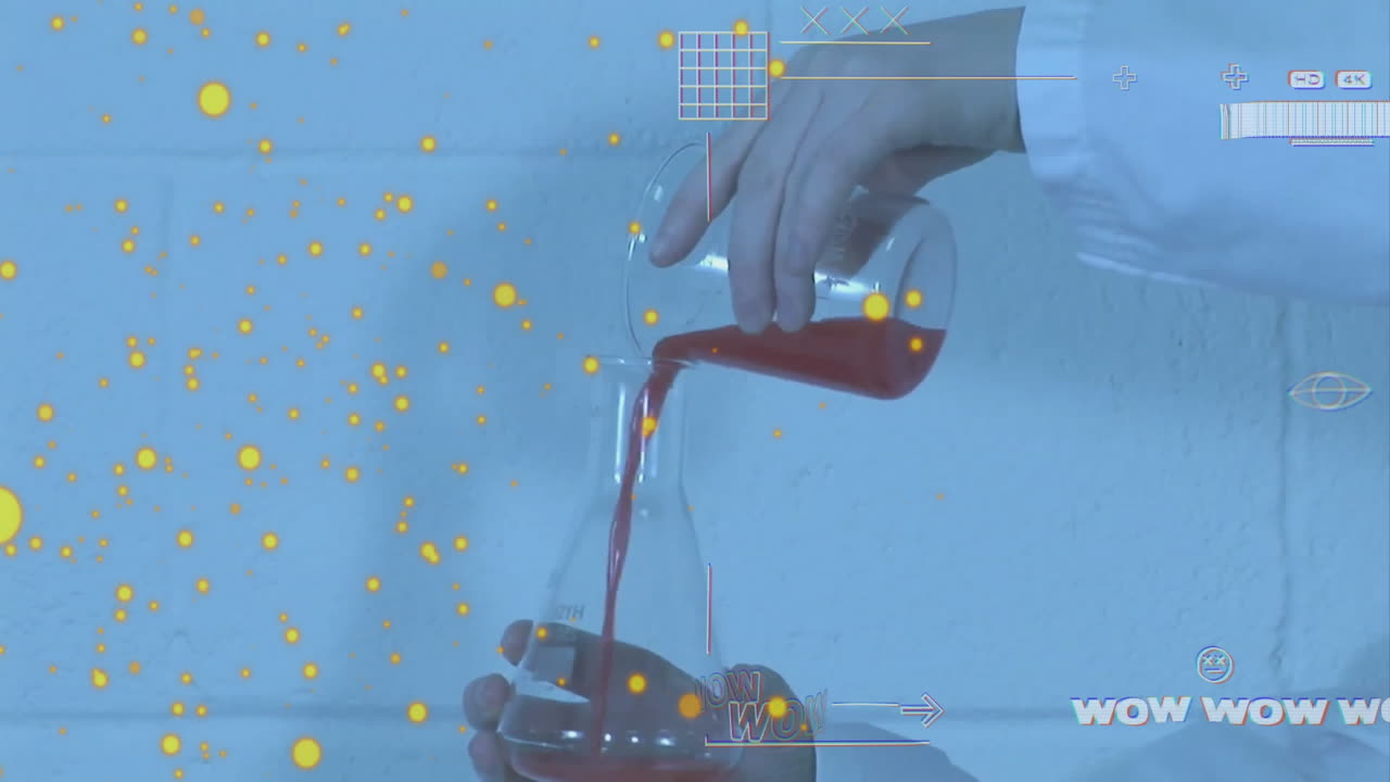 Hands pouring red liquid into flask with yellow particle animation overlay