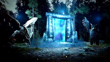 a fantastic luminous ancient portal to another world, guarded by fabulous animals, in a mystical misty dark forest. looping animation.