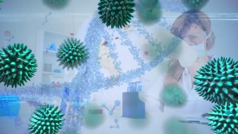adn 3d girando con células de coronavirus que se propagan y científico
