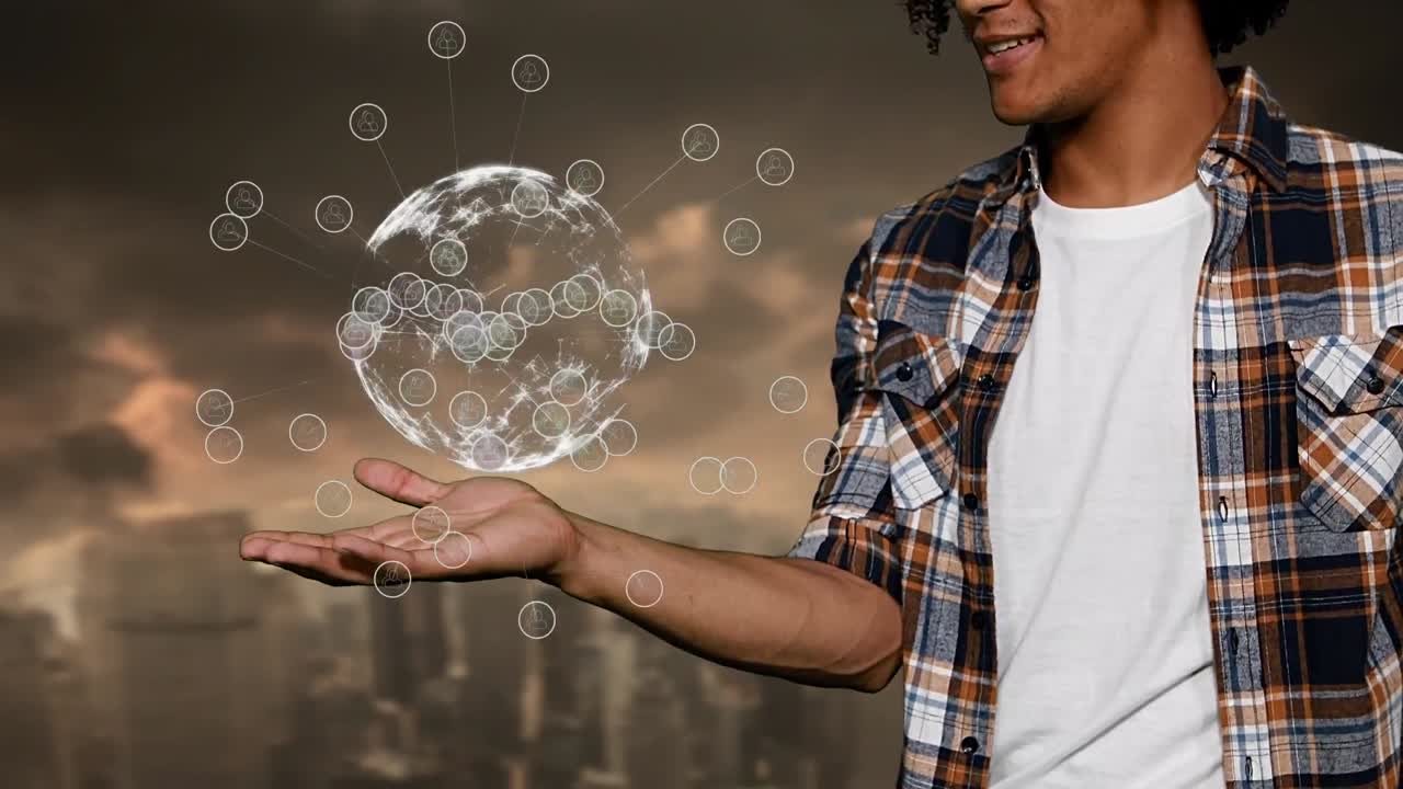 animación de un globo girando contra el fondo de una ciudad contaminada