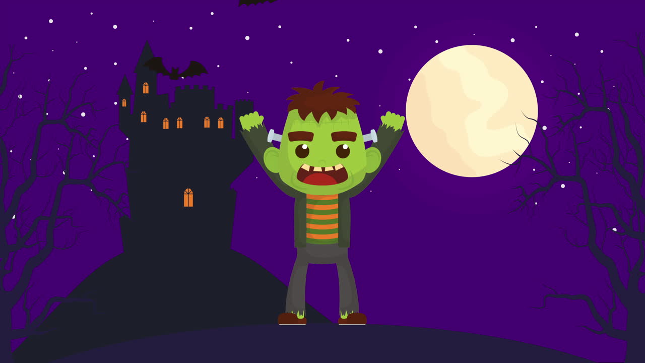 escena oscura de halloween con frankenstein y el castillo