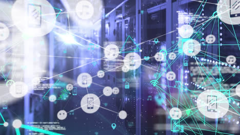 animation of network of connections with icons over server room