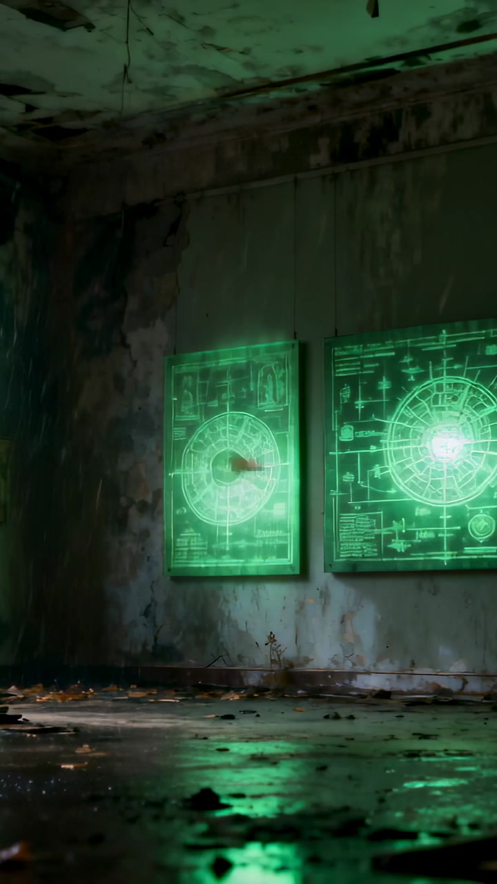 Single leaf drifting in two green schematic panels pulsing in lab displaying data on wet floor