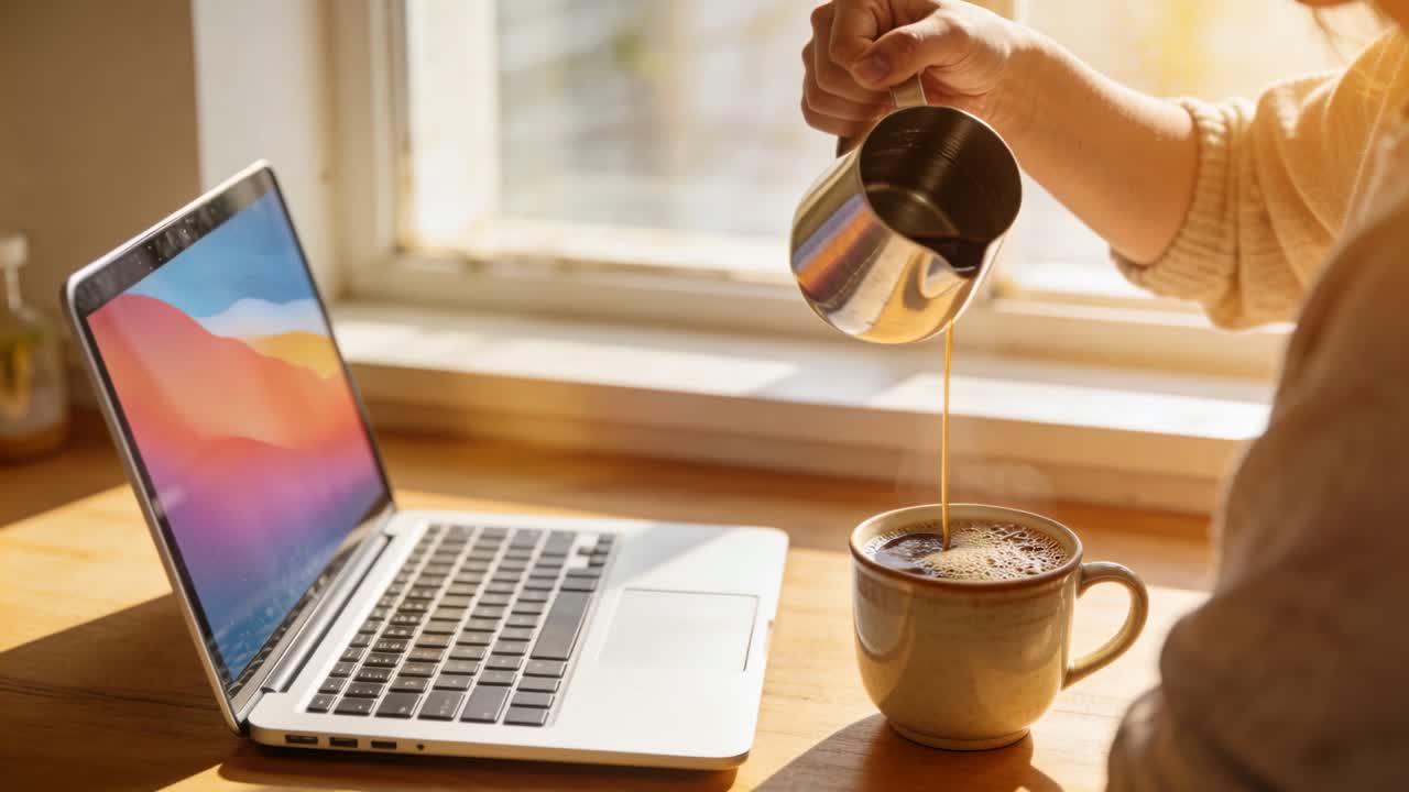 Donna che inclina una brocca d'acciaio, versando caffè in una tazza durante il lavoro al laptop, la luce del sole evidenzia la schiuma