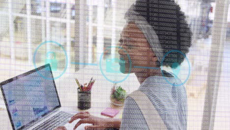 animation of data processing over african american businesswoman in office