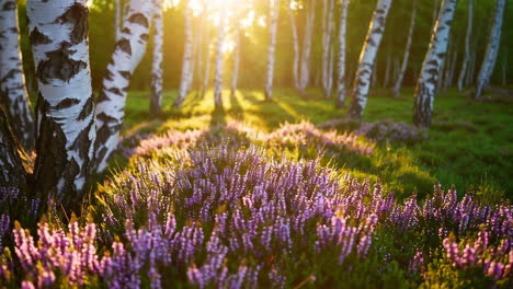 golden hour in a birch forest with purple heather