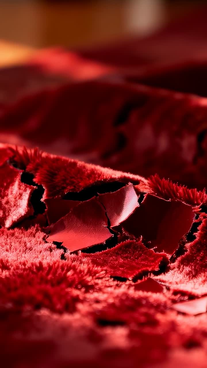 Vertical video: Camera pulling back, revealing torn red velvet fraying and exposing backing on sofa