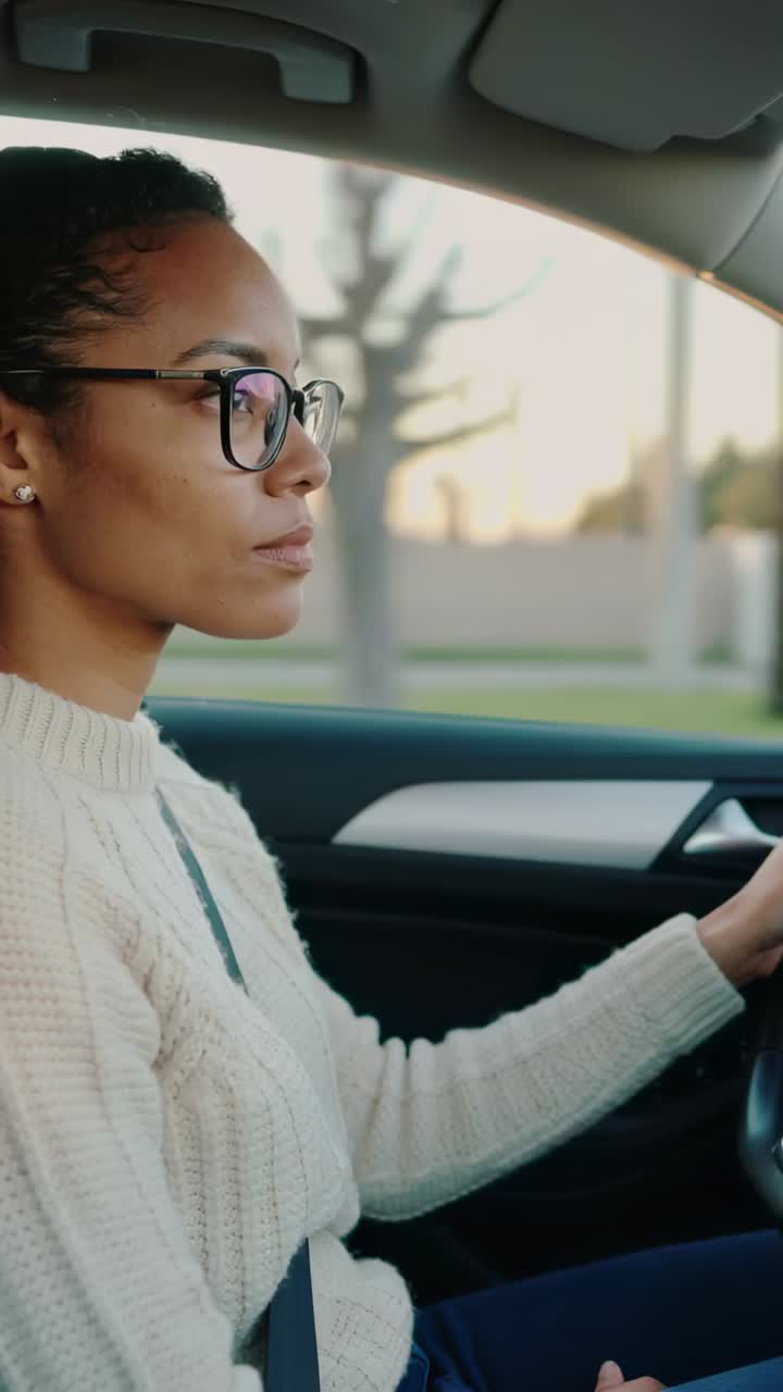 Vidéo verticale : Femme au volant d’une voiture, portant un tricot crème et une ceinture de sécurité, naviguant sur la route