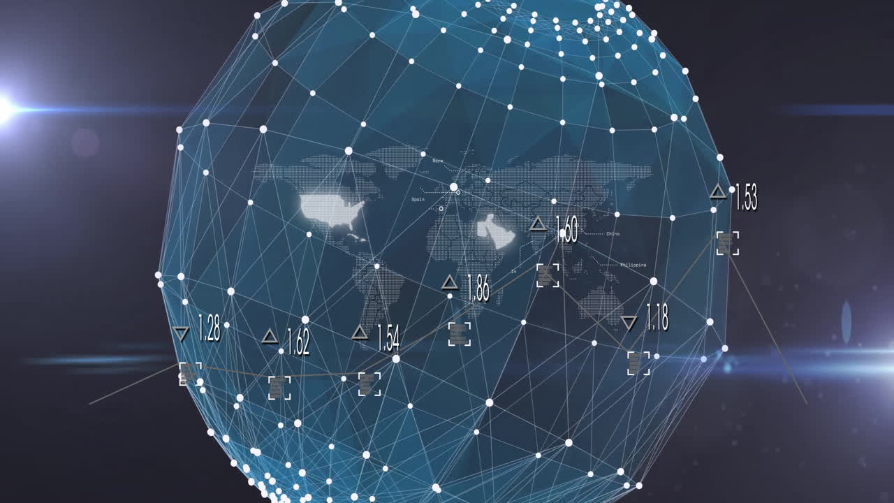 Animation of digital globe with network connections and data points over world map
